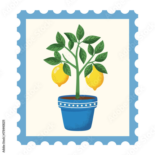 A charming illustration of a small lemon tree in a blue pot, adorned with yellow lemons and green leaves, framed by a decorative stamp border.