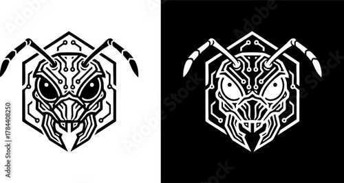 Futuristic robotic ant head mascot logo with cybernetic circuit details. Vector emblem of a mechanical insect in a hexagon frame