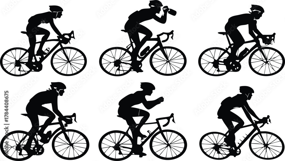 Naklejka premium Cycling silhouettes icon set. Includes six different bicycle rider poses. Created in solid black style on white background.