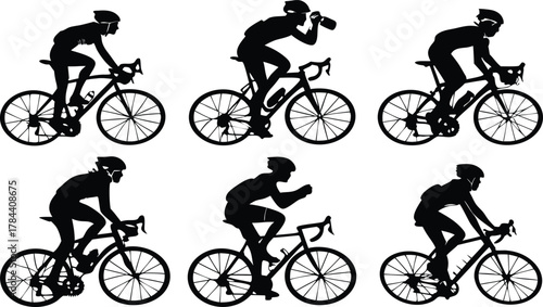 Dynamic cyclists silhouetted in motion, professional athletes racing, perfect for sports and fitness marketing materials