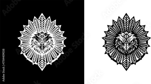 Logo Intricate black and white illustration of a majestic eagle warrior with a sun-like feathered headdress, symbolizing tribal power and spirit