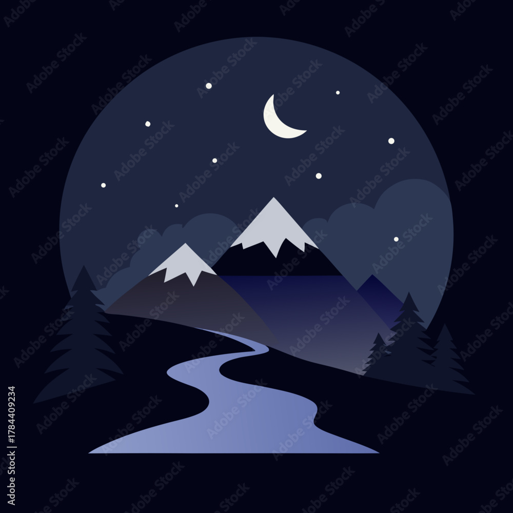 Fototapeta premium Serene mountain landscape under a crescent moon and stars silhouette