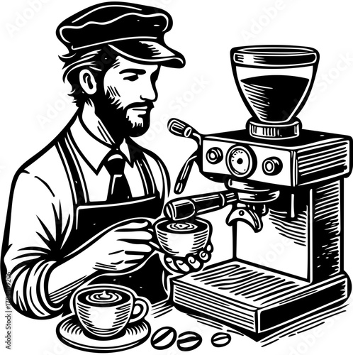 Vintage-style illustration of a bearded barista making espresso, capturing the essence of cafe culture and craftsmanship