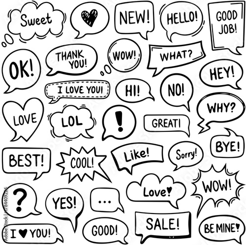 Collection of Hand-drawn Speech Bubbles with Positive Messages and Conversational Phrases for Communication