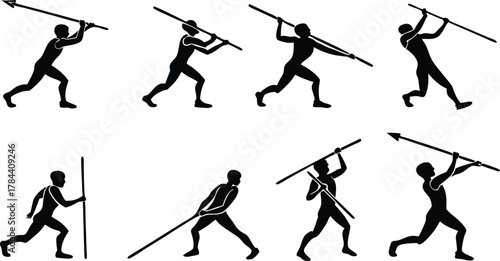 Dynamic set of athletes throwing javelins with strength and precision, ideal for sports designs and fitness promotions