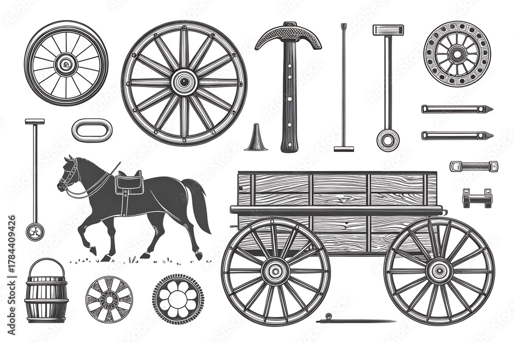 Fototapeta premium An engraved vector set of a vintage horse, wooden wagon, and construction parts. A collection of wheels, tools, and axles for historical western designs. Generative Ai.