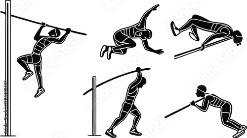 Dynamic silhouette illustration showcases athletic pole vaulting action, perfect for sports branding and fitness campaigns. Vector art.