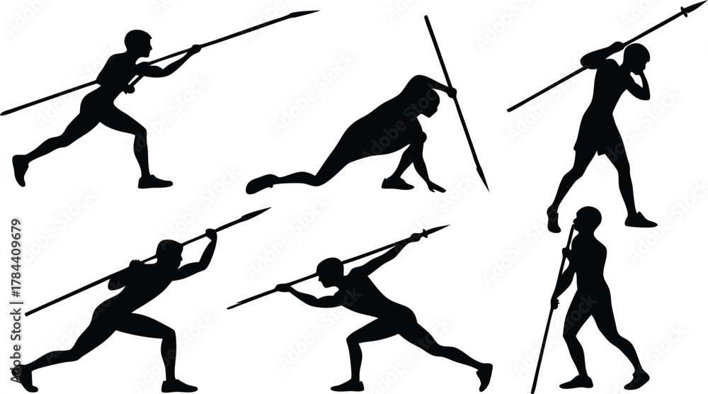 Fototapeta premium Prehistoric hunter silhouette icon collection. Includes spear, hunting, primitive, ancient, man, running, throwing, and crouching symbols. Created in solid black style with white background