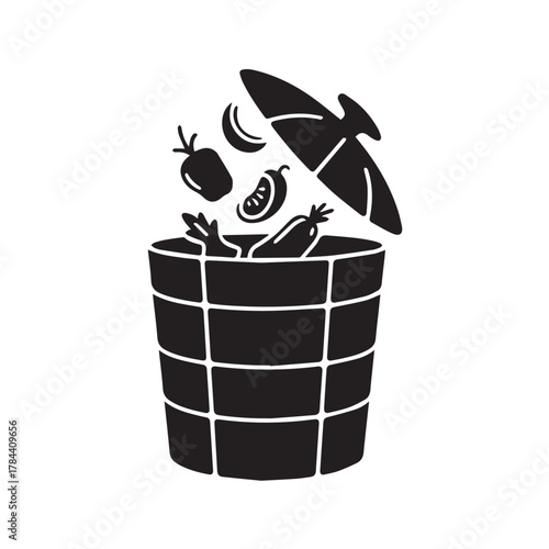 Black and white illustration of food waste in a trash can
