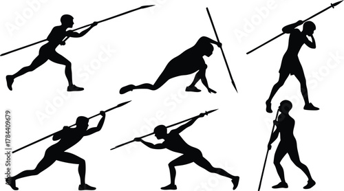 Dynamic silhouette of an ancient warrior tribe poised to strike with spears, evoking strength and agility in historical action