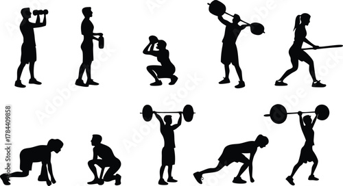 Dynamic workout silhouettes for fitness enthusiasts, gym goers, and athletic training sessions, perfect for sports branding and design