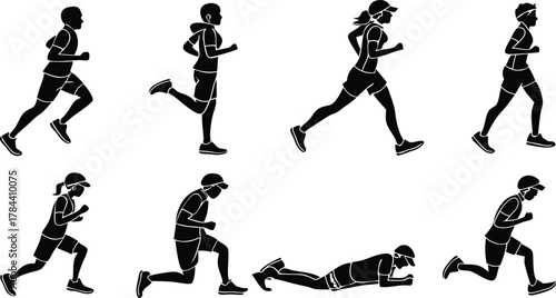 Dynamic silhouettes of diverse runners in motion, perfect for fitness, athletics, and healthy lifestyle campaigns promoting wellness