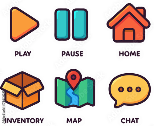 Vibrant user interface game assets for mobile gaming apps and web design projects featuring play pause home inventory map chat