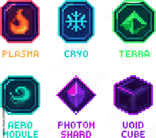 Pixelated element icons for game design assets create a modern and magical vibe for your project creation and innovation
