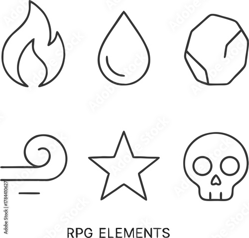 Fantasy RPG elements for game design fire water earth wind star death magic icons for adventure games and mystical storytelling