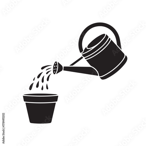 Black silhouette of a watering can pouring water into a pot
