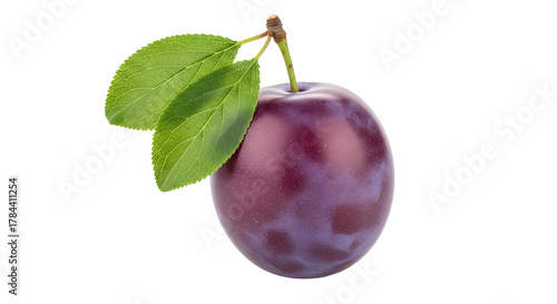 A single ripe plum with two green leaves, isolated on transparent background