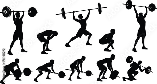 Dynamic silhouettes showcase powerful weightlifting movements for fitness and sports motivation