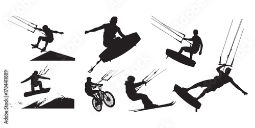 Kitesurfer Sports Silhouette Vector Pack. Extreme Surfing, Cycling, Skiing and Skateboarding Clip Art on White Background.