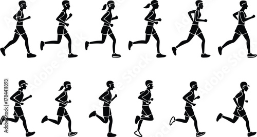 Dynamic runners in silhouette capture the energy of motion for fitness and sports themes