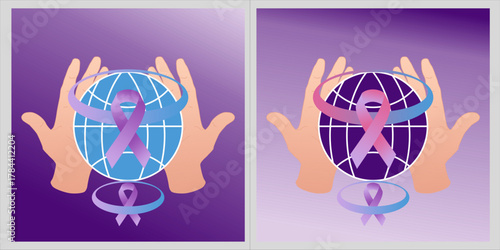 Symbolic flat vector illustration about global awareness and support for health or humanitarian issues. Features two hands holding the Earth with a purple or pink awareness ribbon wrapped around it