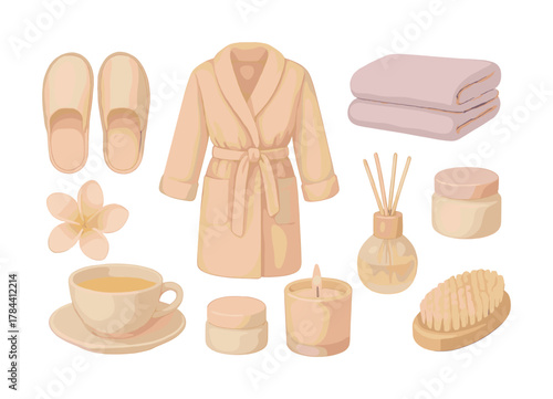 Vector Relaxation essentials: bathrobe, slippers, candle, and tea for a cozy spa experience