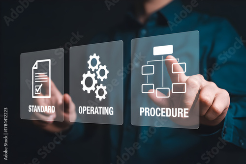 Man interacting with Standard Operating Procedure SOP virtual interface for business process