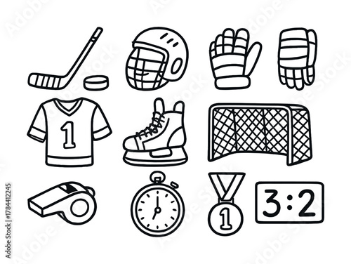 Vector Hockey gear: sticks, helmet, gloves, jersey, skates, goal, whistle, timer, medal, scoreboard