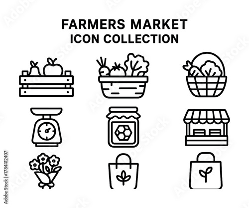 Vector Farmers market icon set: vegetables, scale, jam, storefront basket, flowers, tote