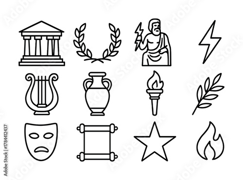 Ancient greek symbols: temple, laurel, zeus, lightning, lyre, amphora, torch, olive, drama mask, scroll, star, flame icon set