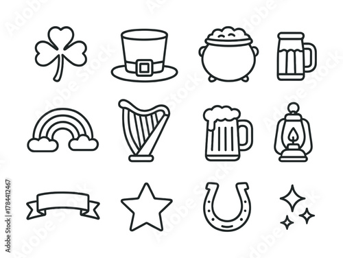 St. patrick's day icons: shamrock, leprechaun hat, rainbow, harp, beer, lantern, horseshoe, stars