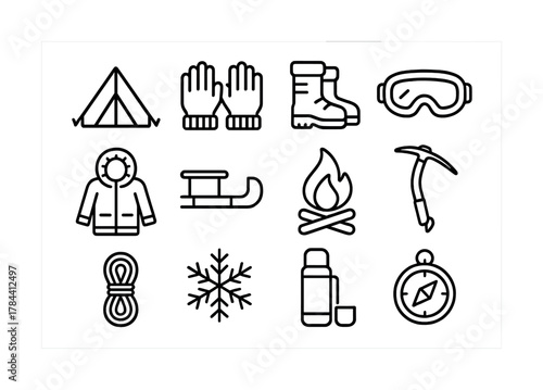 Winter adventure icons: camping, snow gear, and mountaineering essentials