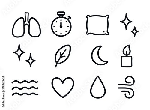Simple hand-drawn icons: lungs, stopwatch, pillow, sparkles, leaf, moon, candle, waves, heart, water drop, wind