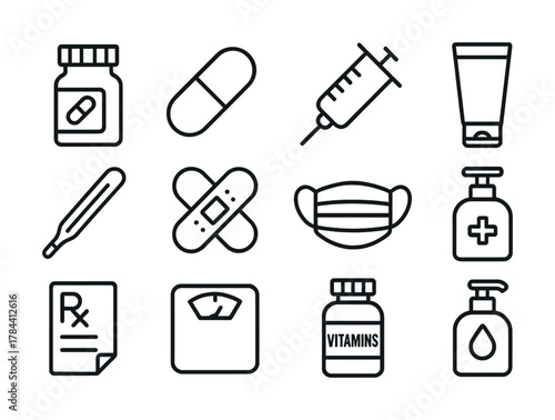 Healthcare essentials icons: medicine, syringe, mask, vitamins, thermometer illustrated