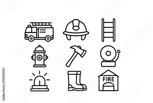 Vector Firefighting equipment icons: truck, helmet, ladder, hydrant, axe, alarm, siren, boots, station