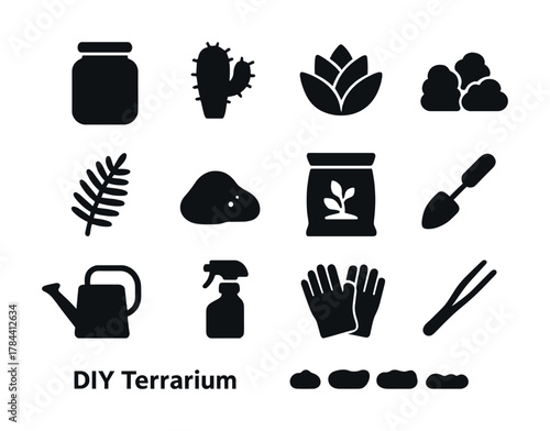 Vector Diy terrarium icons: tools and plants for creative indoor gardening