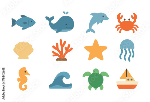 Vector Colorful marine animal icons set featuring fish, whale, dolphin, crab, seahorse, and more