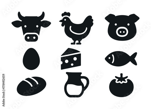 Vector Set of farm animal and food icons: cow, chicken, pig, egg, cheese, fish, bread, milk, tomato