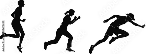 Dynamic female athletes in action silhouettes showing speed, power, and athletic motion for sports concepts