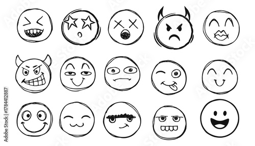 Set of happy face hand drawn style. Sketch smiley, sad, angry face doodle icon. Emoji emoticon for social media. Cartoon people faces on isolated background.