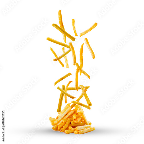 Flying Crispy French Fries Isolated on Black Background