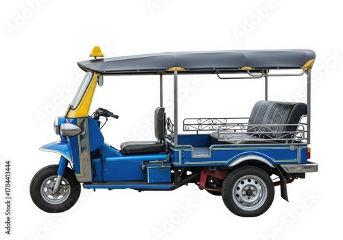 Bright blue three wheeled tuk tuk taxi isolated on white background