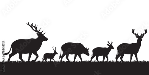 Silhouette of deer family isolated on white background