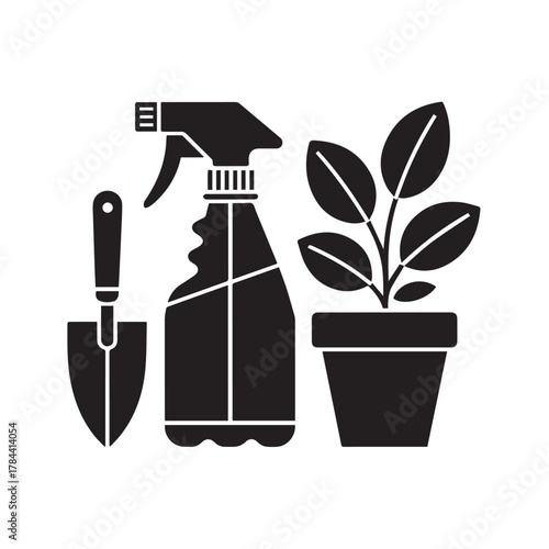 Gardening tools and potted plant