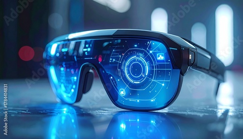 Close-up of futuristic smart glasses projecting holographic UI icons, biometric scan reflections on lens, concept of augmented reality vision, cinematic light and shadow