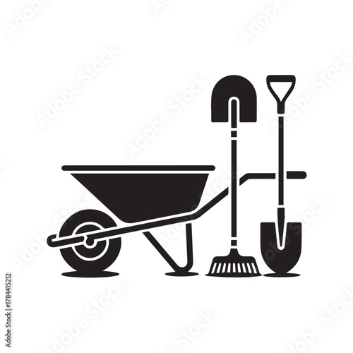 Gardening tools including wheelbarrow, shovel, and broom