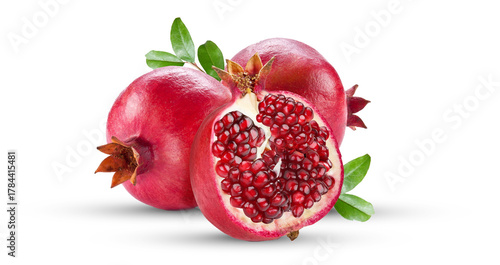 Fresh Pomegranate Isolated on White Background – Ripe Red Fruit with Seeds and Green Leaves