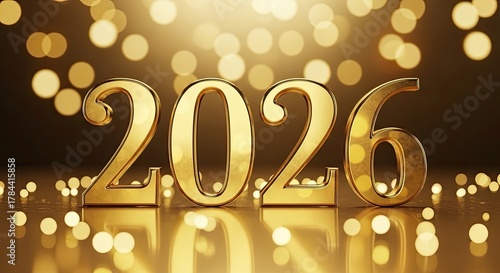 Golden New Year 2026 Celebration With Bokeh Lights and Elegant Reflections Background