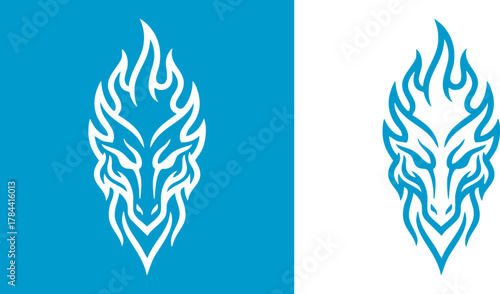 Logo Dynamic vector art featuring a fierce and majestic creature's head, intricately designed with flowing flame-like patterns, suitable for branding, emblems, or decorative motifs