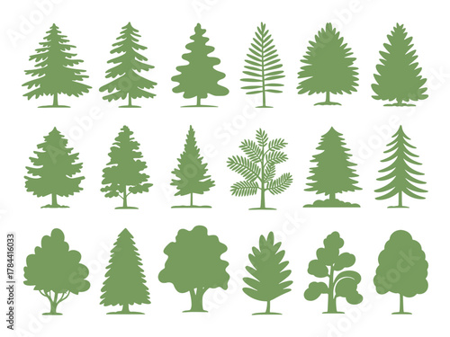 Set of green silhouette of various trees isolated on white background